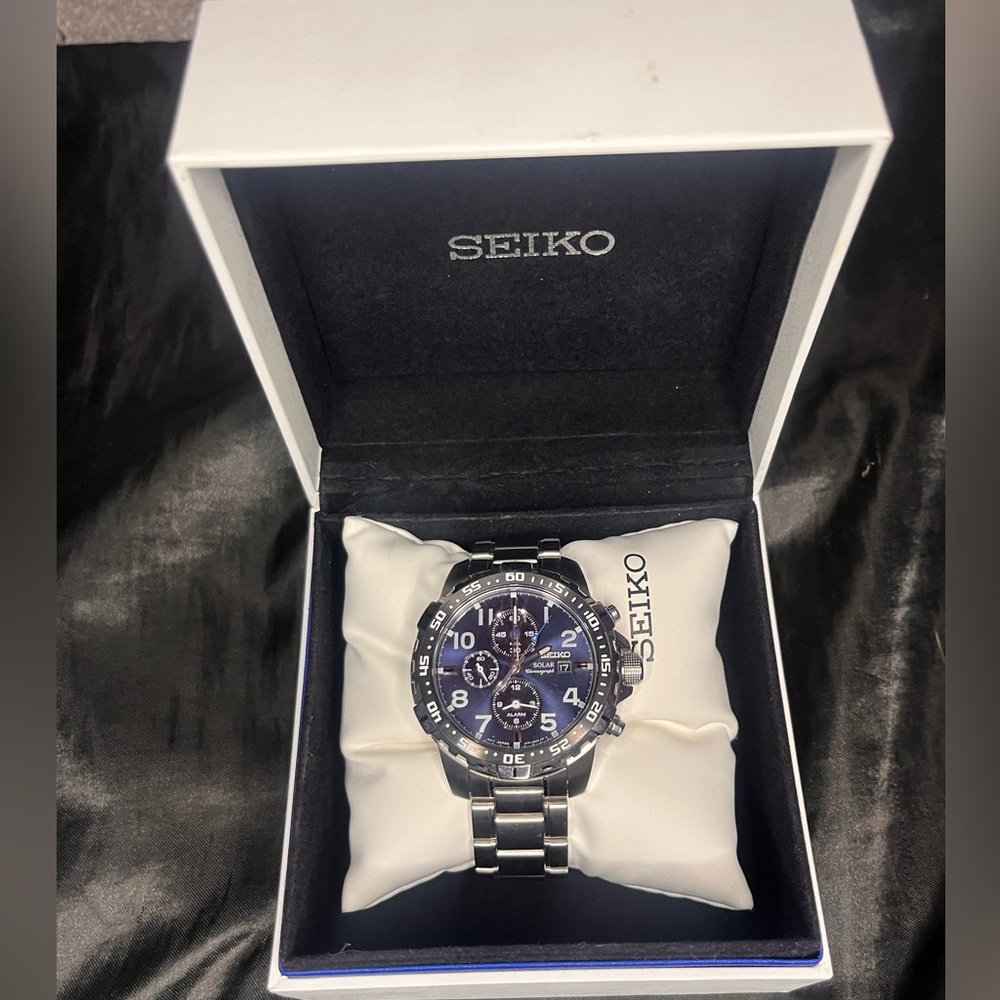 Seiko Men's Core Solar Blue Steel Bracelet Chronograph Alarm Watch